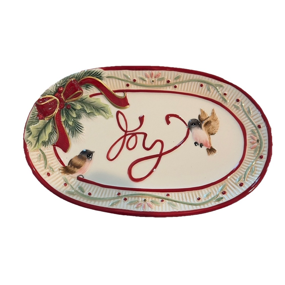 Fitz & Floyd Santa's Forest Friends Joy Tray Oval Holly Birds‎ 6x9 Holiday